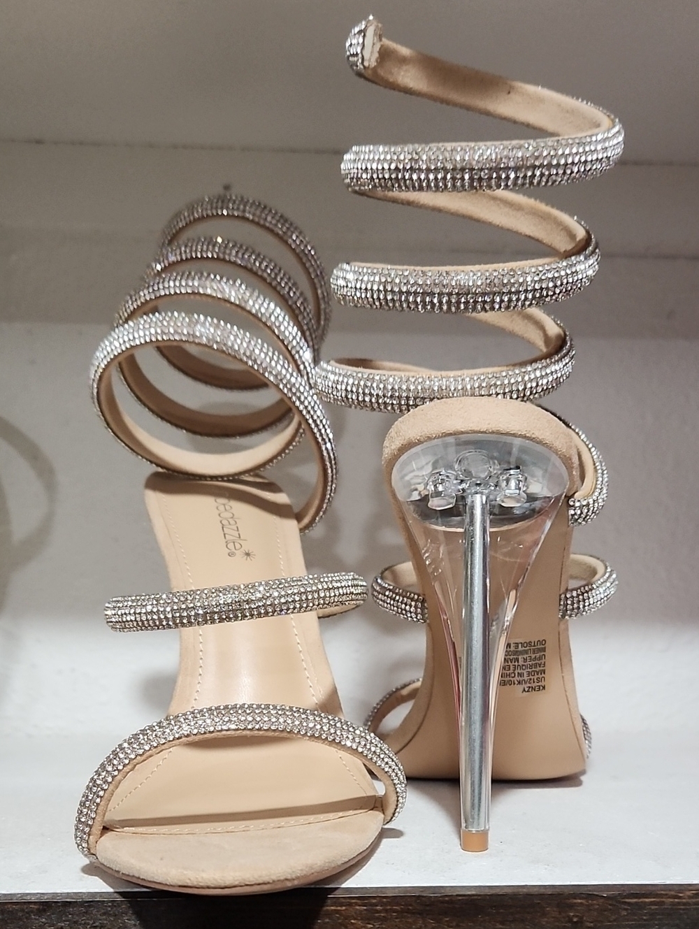 Shoe Dazzle Silver Rhinestone Spiral Strap Stiletto Sandals